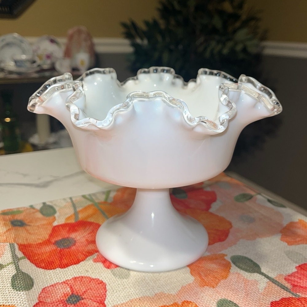 Vintage Fenton Silver Crest Milk Glass Ruffled Compote Pedestal Bowl
